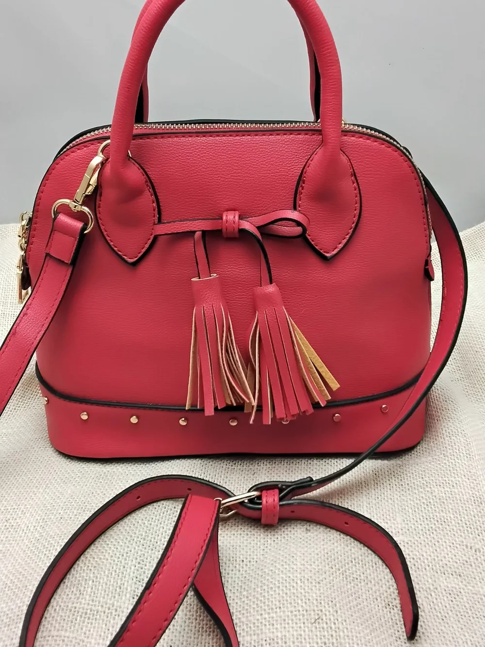 Women's Tassel Satchel Handbag in Red with Gold Accents